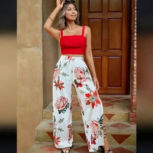 Summer Solid Cami Top & Floral Print Split Thigh Pants Two Piece Set